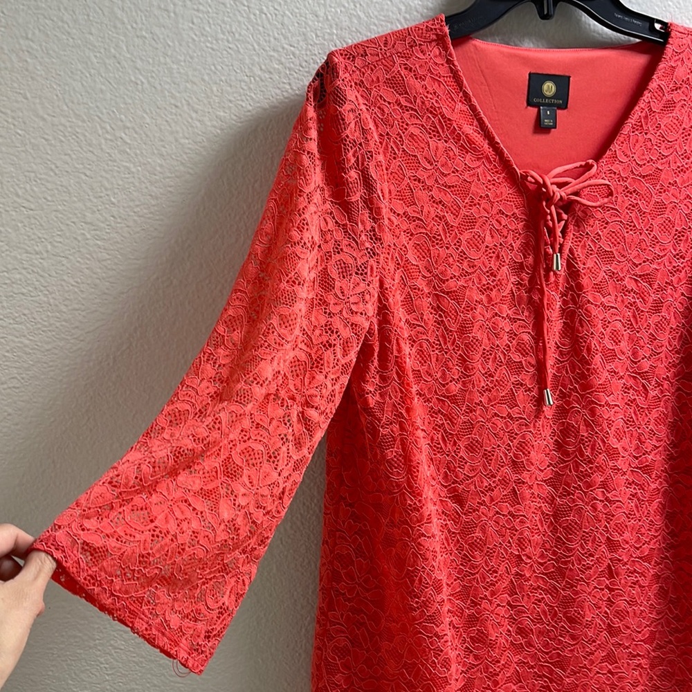 L)  JM Collection Lace Long Sleeve V- Neck Front zip zack string Tye Coral - Picture 4 of 9